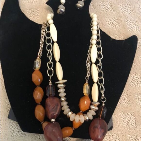 JEWELRY SET Brown Shades Multilayer Necklace & Earring Set NEW - Picture 1 of 1
